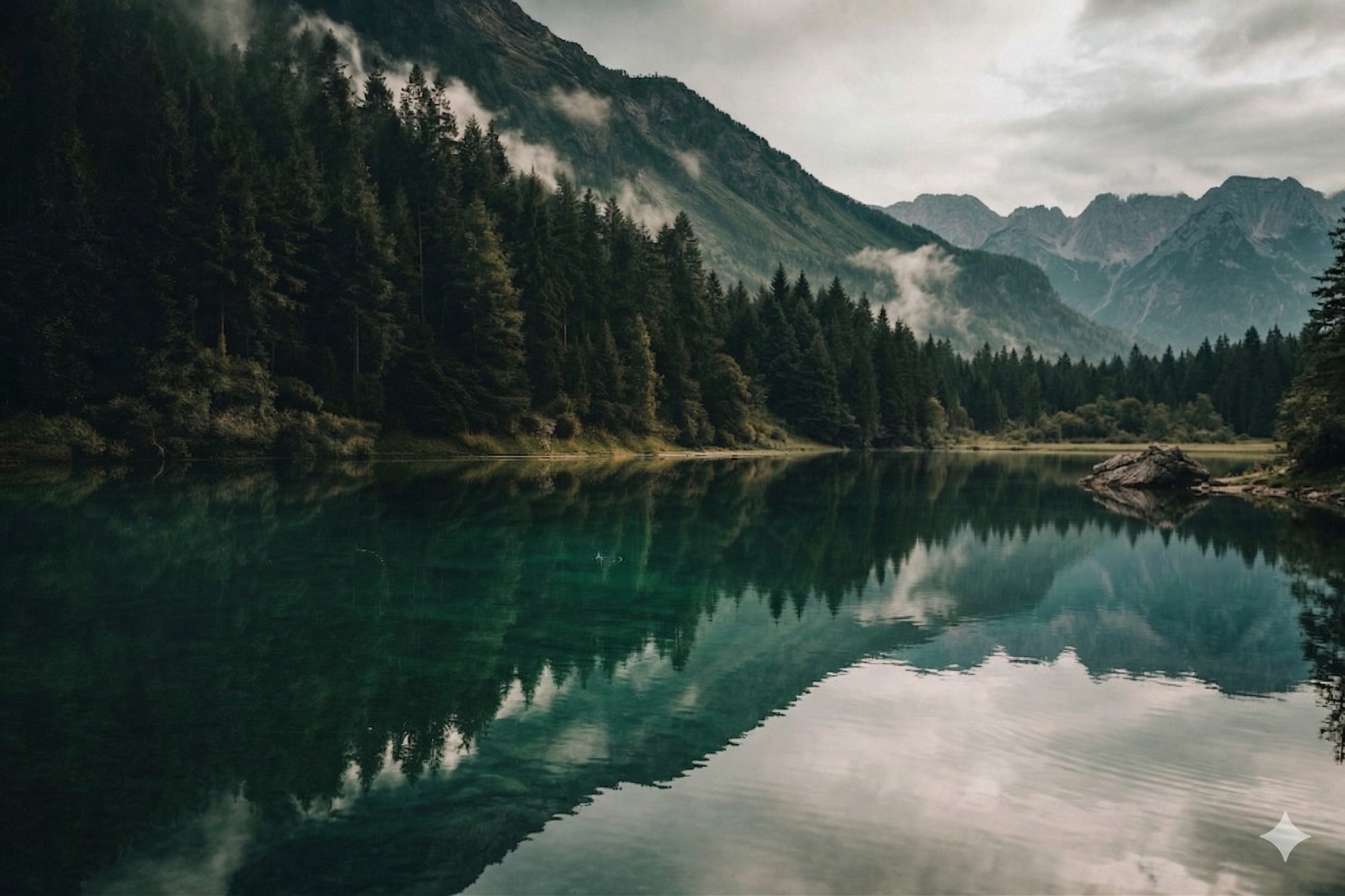 A serene lake surrounded by trees with a mountain in the background.